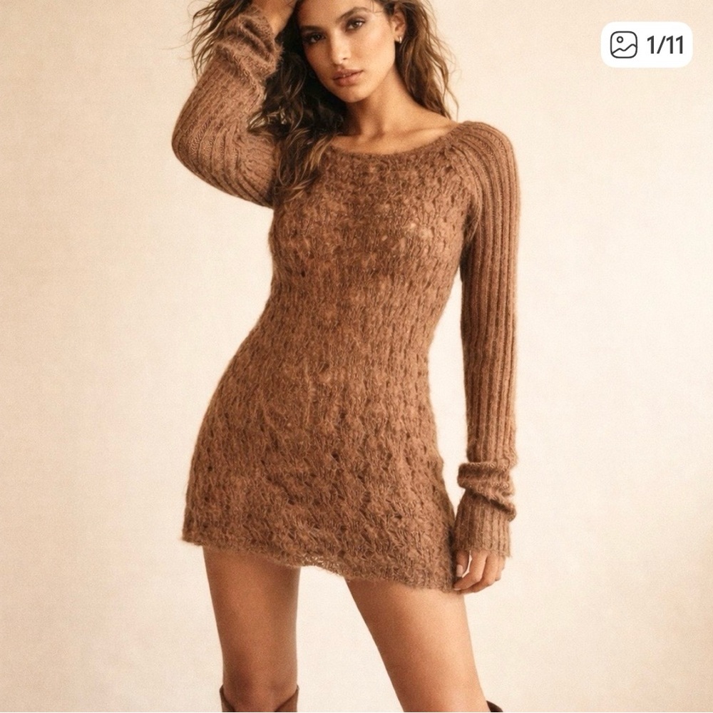 Miss Sixty Y2K Mohair Crochet Micro Dress Boho Knit Cinnamon XS